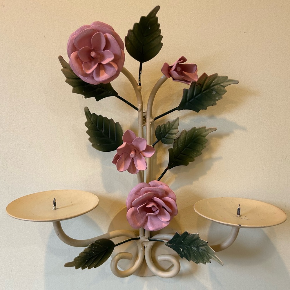 Vintage Sconce Floral Wall Pink Rose Green Leaves Cottagecore Grandmacore 13x13